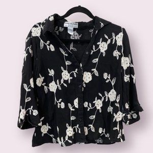 Lauren Michelle Petite Embroidered Button Front Floral Blouse Black White Petite